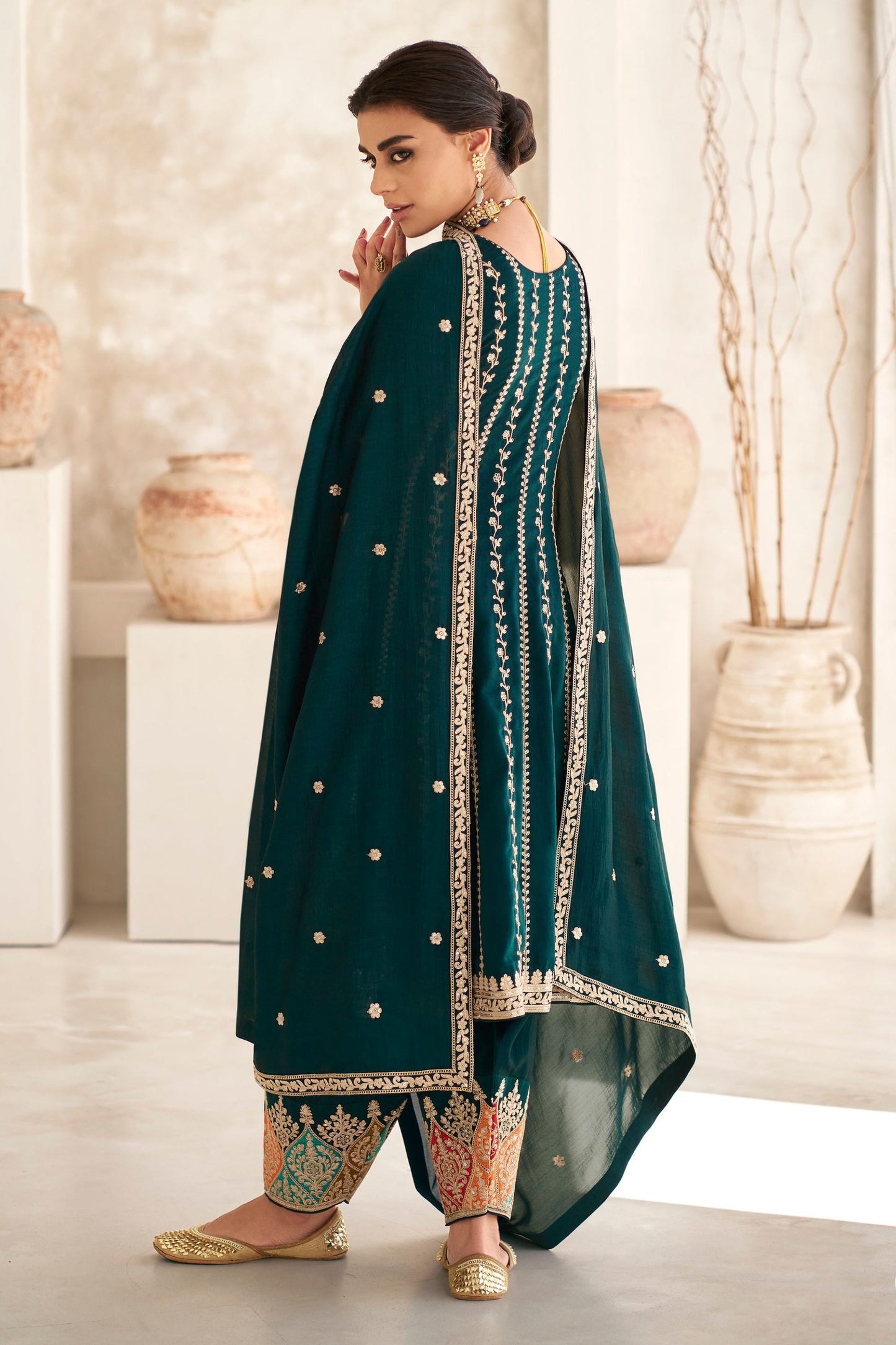 Teal Grean Chinon Silk Salwar suit
