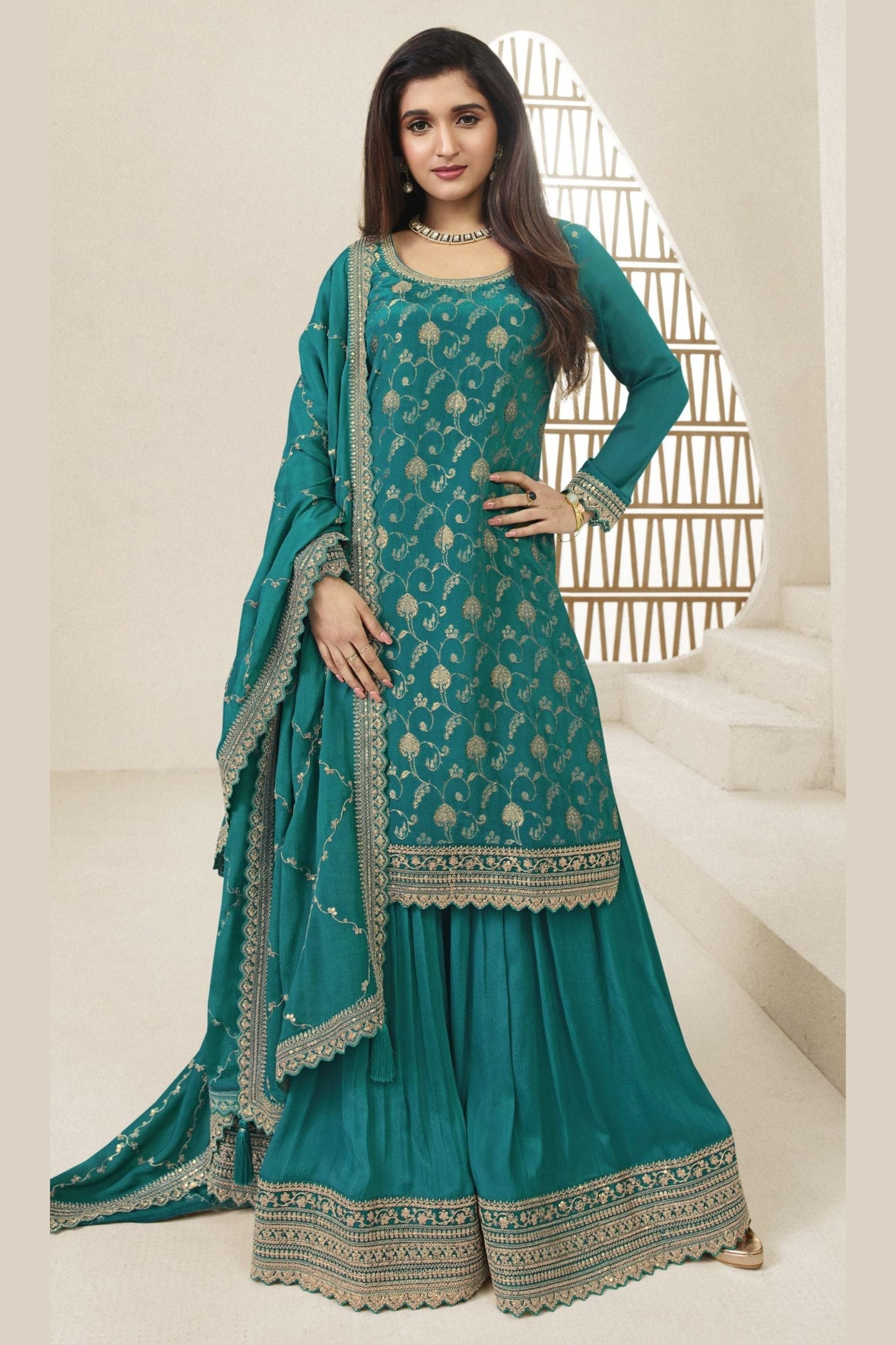 Turquoise Jacquard Silk Plazzo Suit