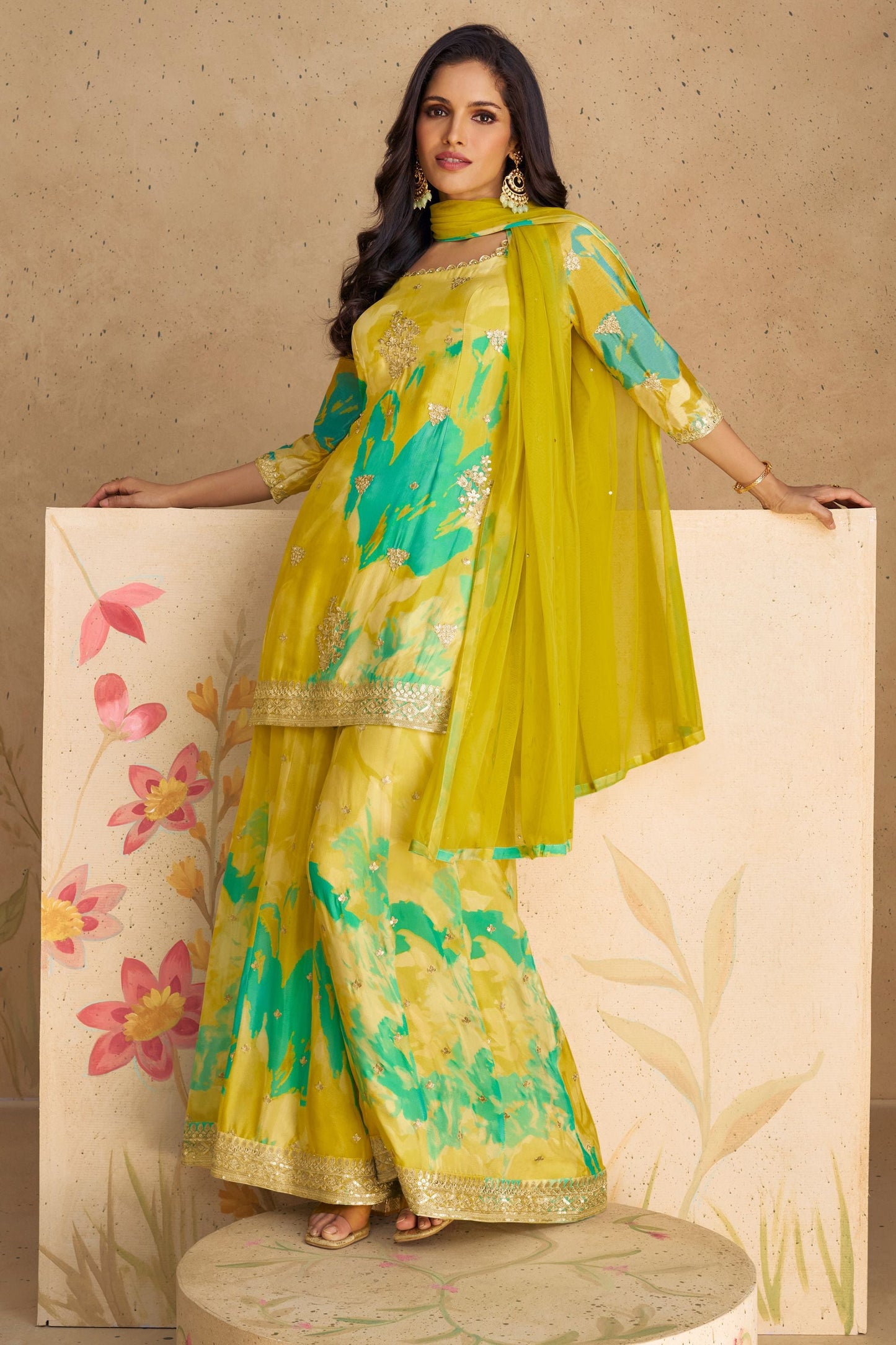 Parrot Green Chinon Silk Flower Printed Palazzo Suit  - Print Work, Embroidery Work