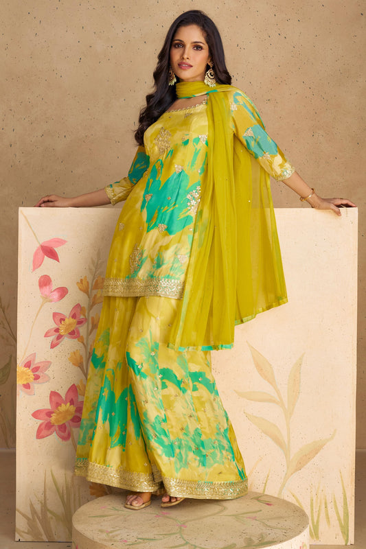 Parrot Green Chinon Silk Flower Printed Palazzo Suit  - Print Work, Embroidery Work