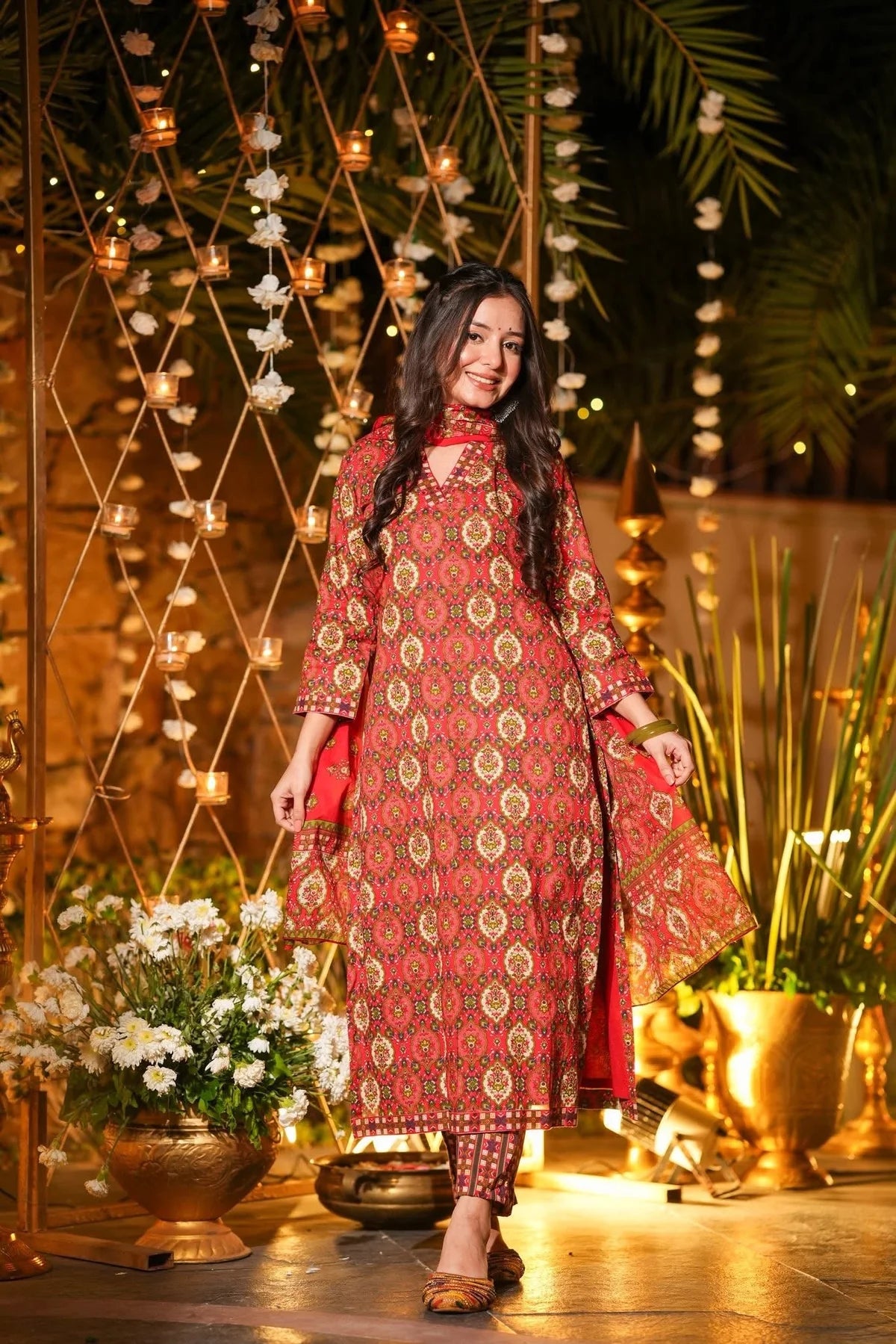 CARMINE PRINTED COTTON KURTA SET