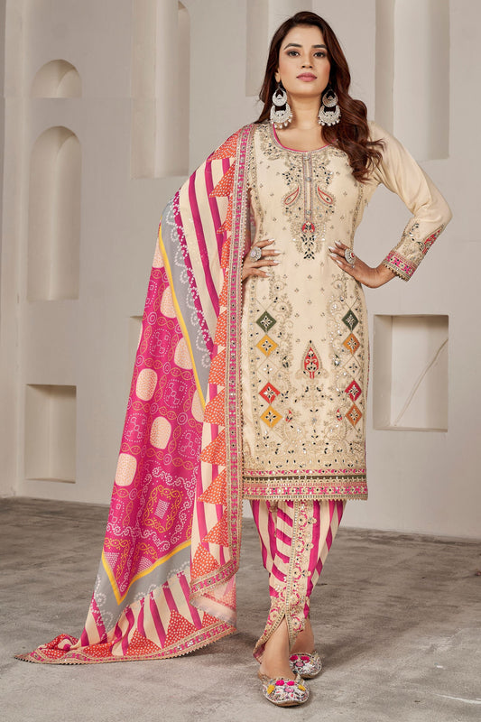 Cream Chinon Silk Salwar suit