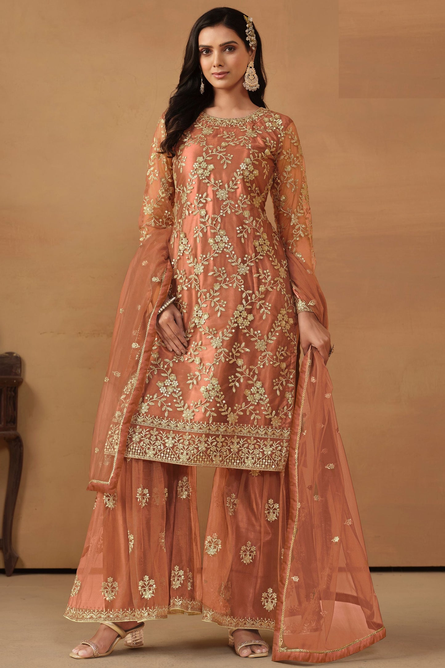 Peach Net Sharara Suit