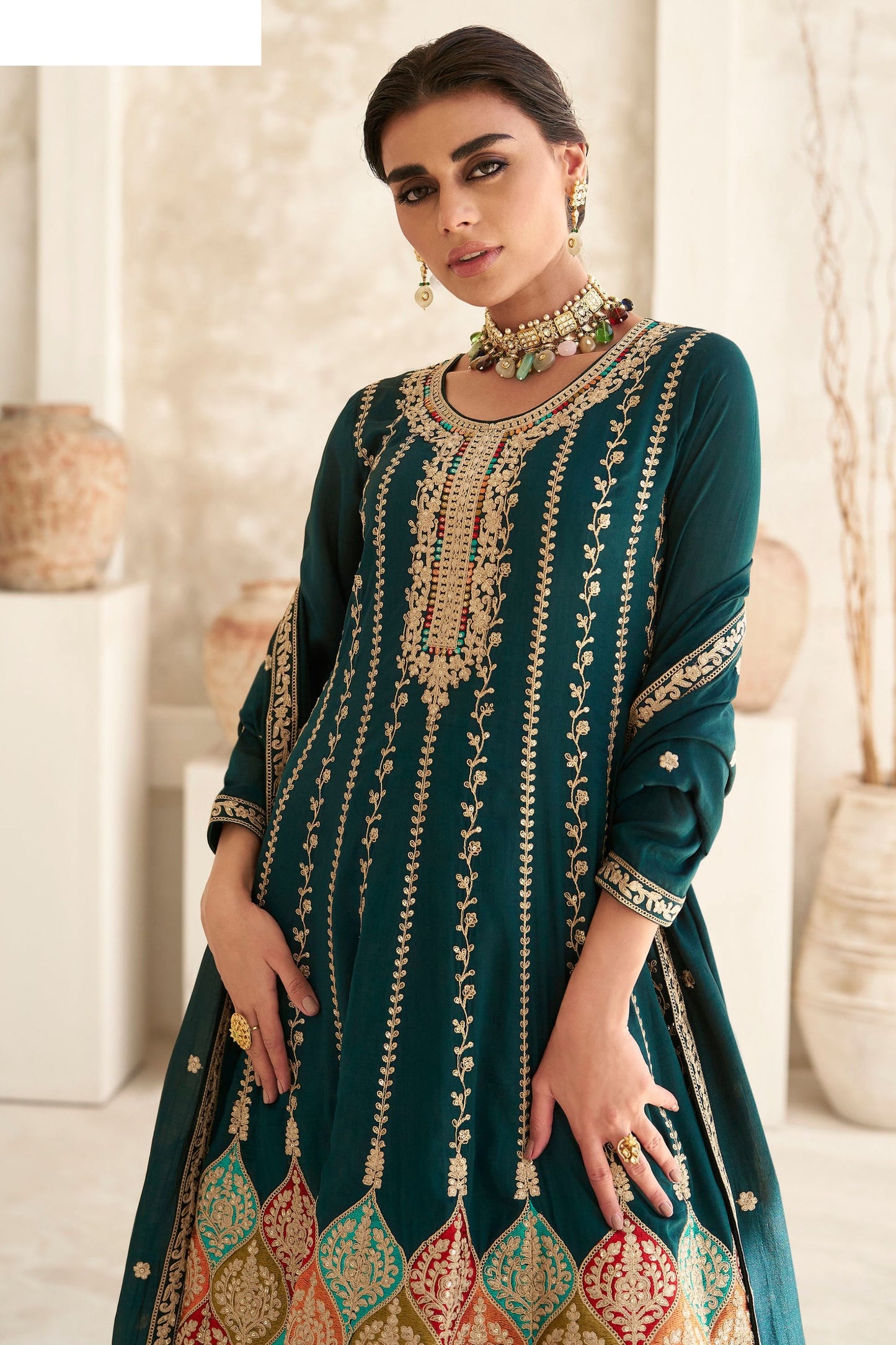 Teal Grean Chinon Silk Salwar suit