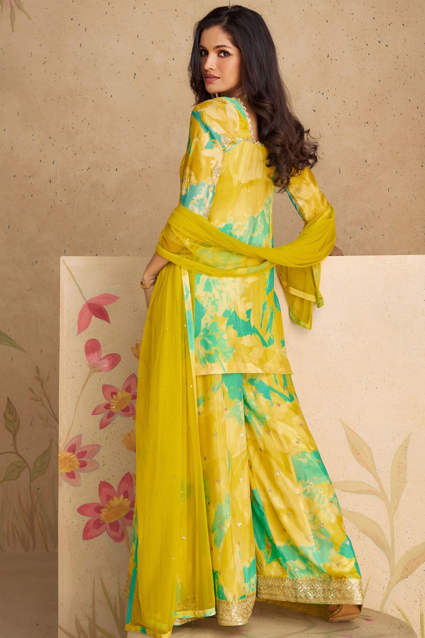 Parrot Green Chinon Silk Flower Printed Palazzo Suit  - Print Work, Embroidery Work