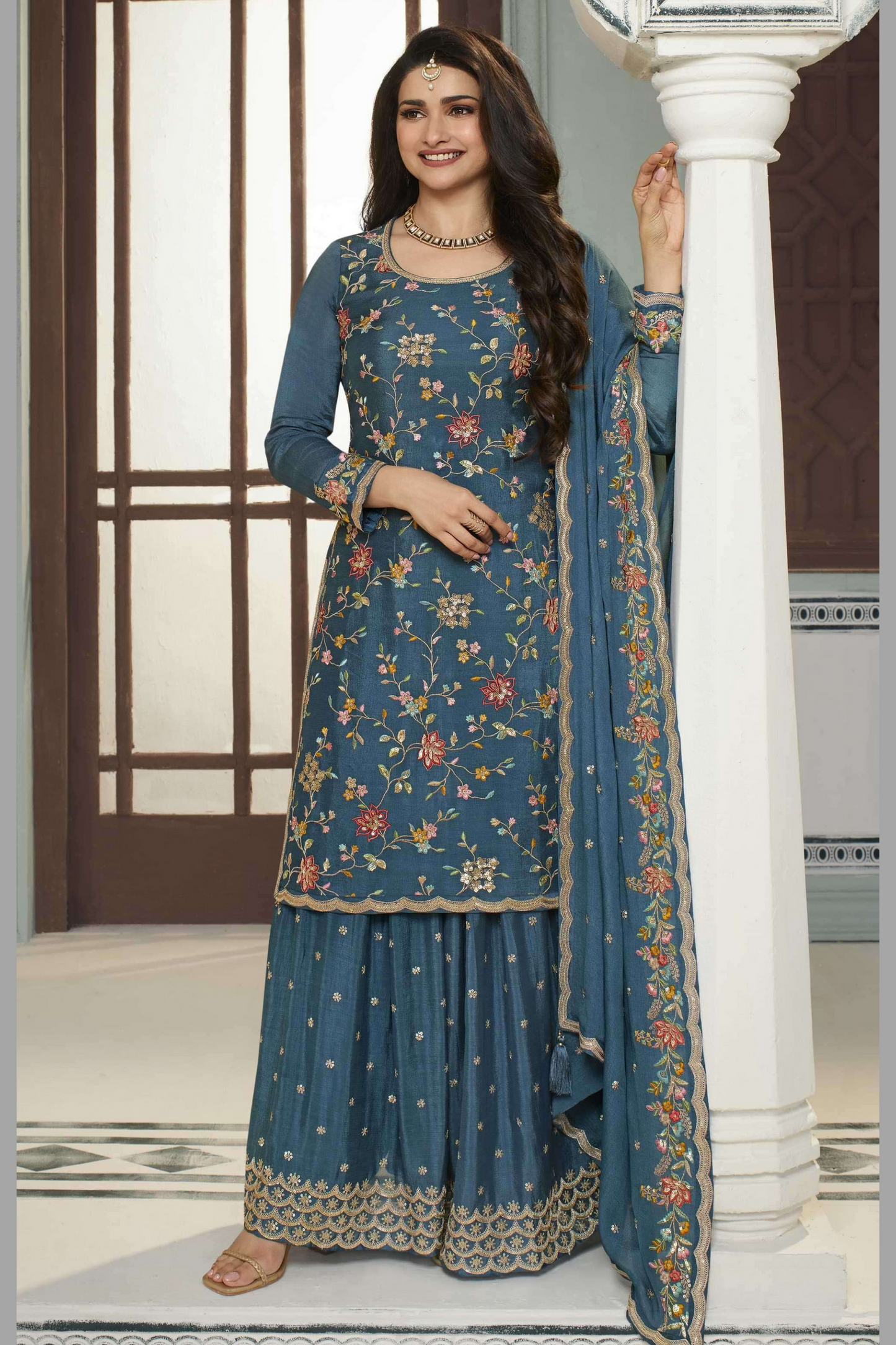 Blue Chinon Silk Floral Plazzo Suit