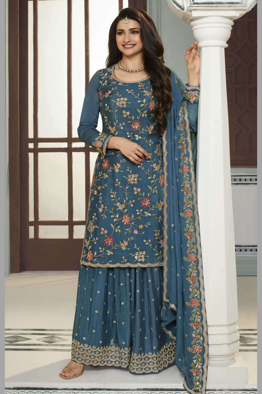 Blue Chinon Silk Floral Plazzo Suit