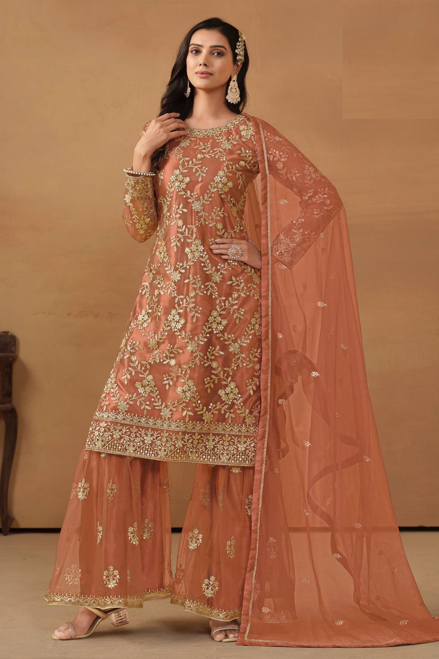 Peach Net Sharara Suit