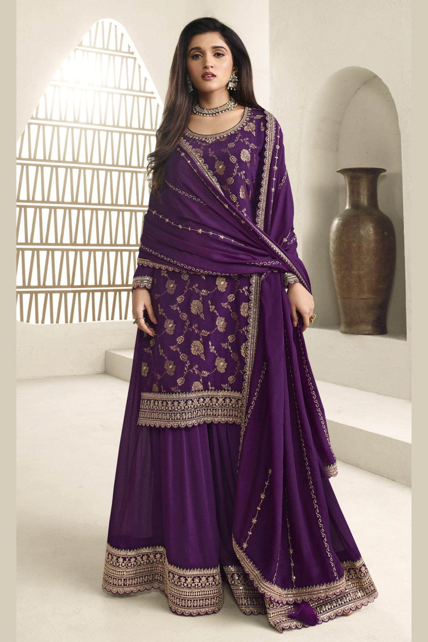 Purple Jacquard Silk  Plazzo Suit