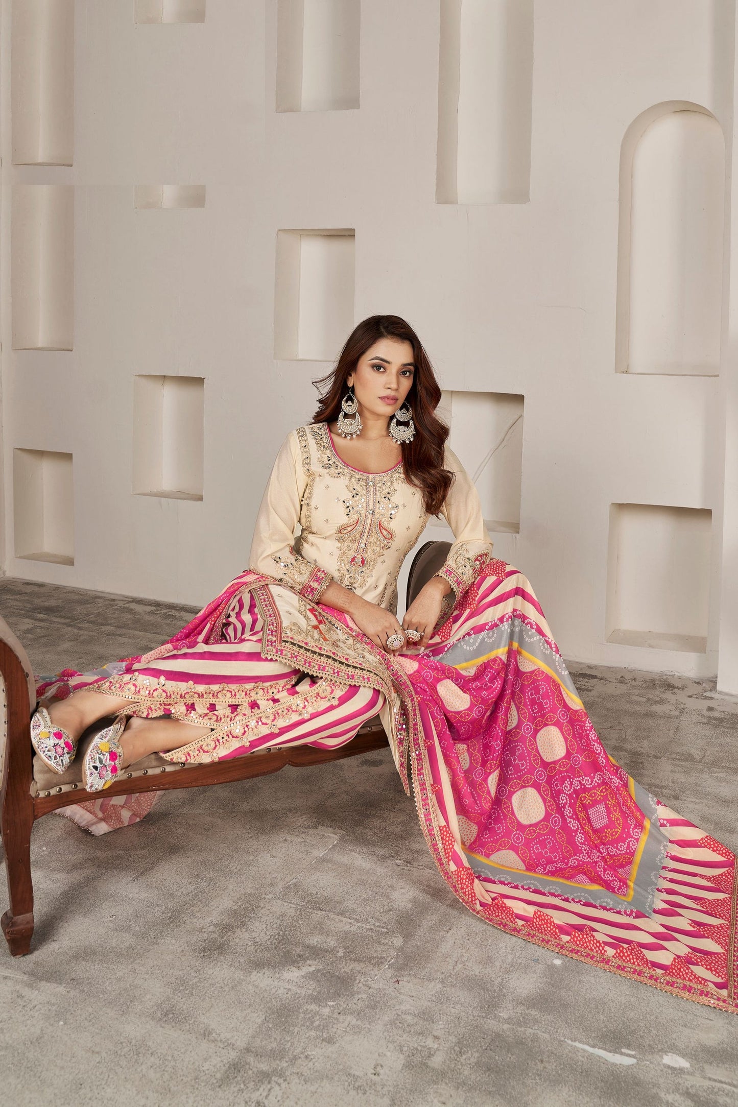 Cream Chinon Silk Salwar suit