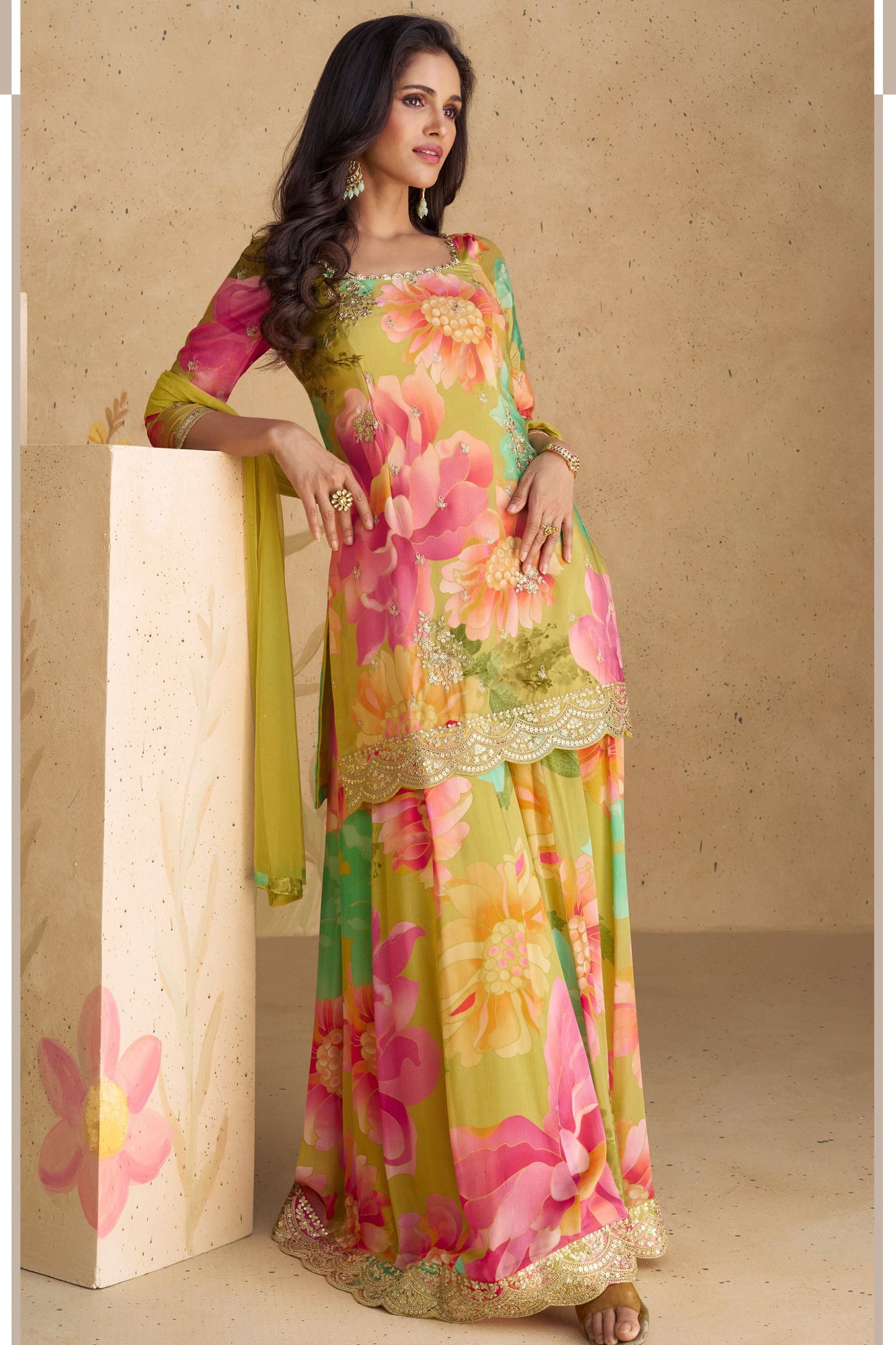 Multicolor Green Chinon Silk Flower Printed Palazzo Suit - Print Work, Embroidery Work