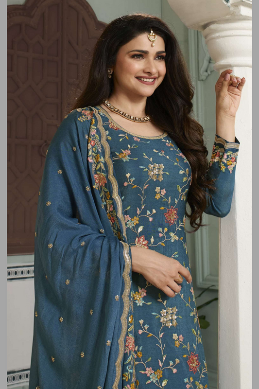 Blue Chinon Silk Floral Plazzo Suit