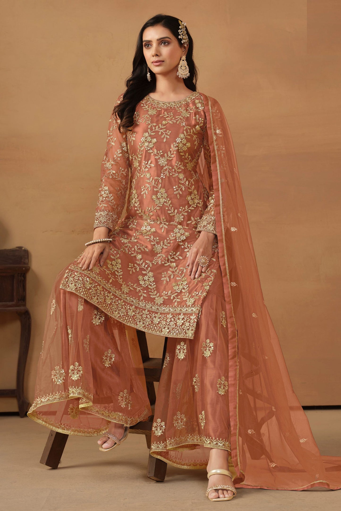 Peach Net Sharara Suit