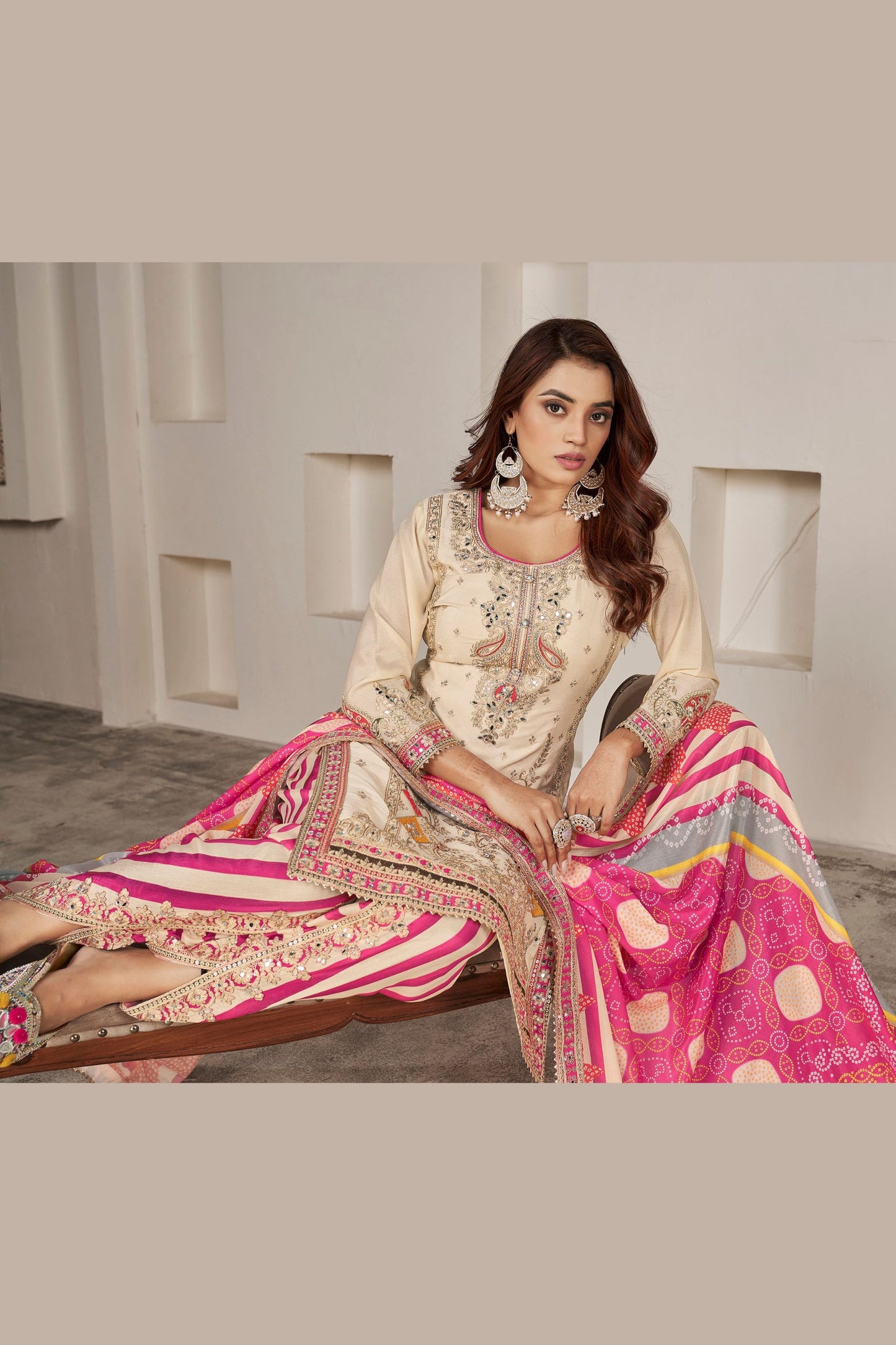 Cream Chinon Silk Salwar suit