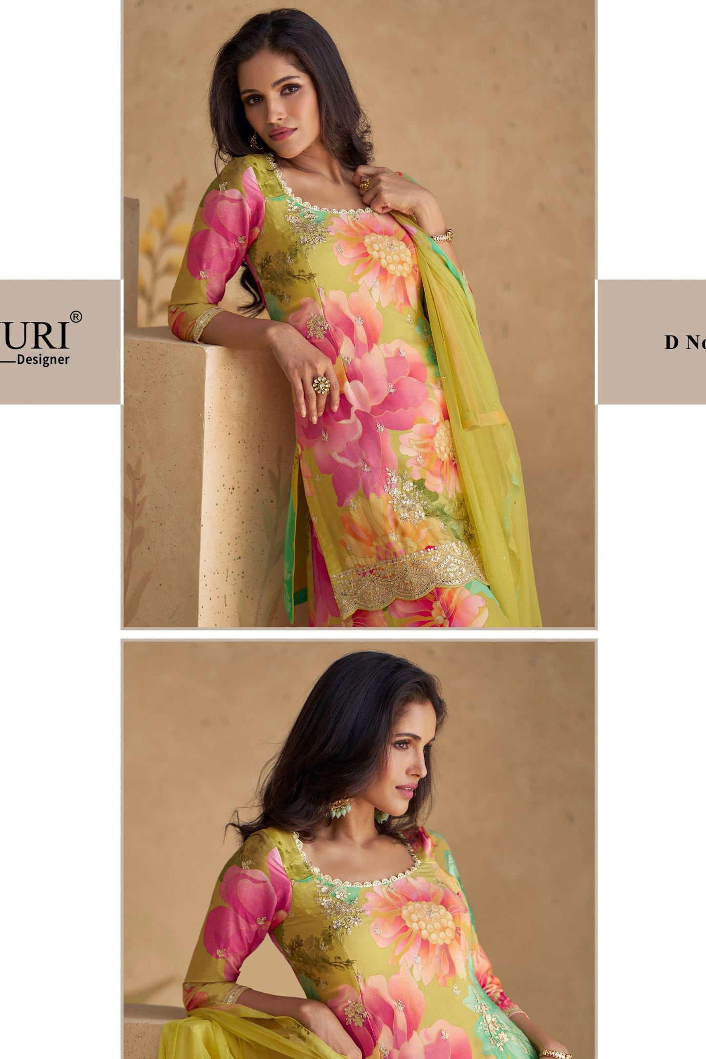 Multicolor Green Chinon Silk Flower Printed Palazzo Suit - Print Work, Embroidery Work