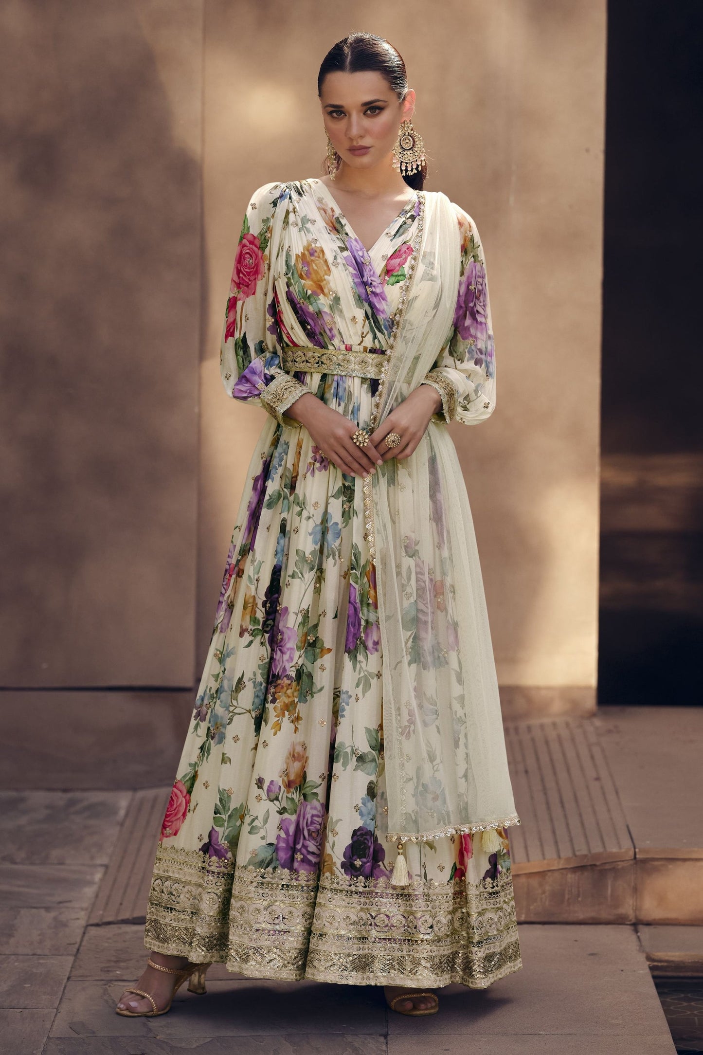 White Georgette Floor Full Length Flower Printed Anarkali Suit