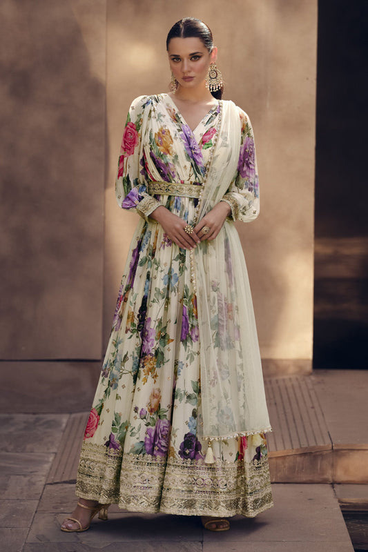 White Georgette Floor Full Length Flower Printed Anarkali Suit
