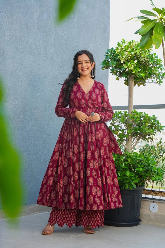 GULRIN RED COTTON KURTA SET