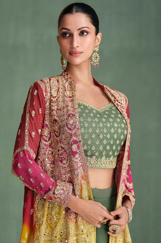 Dusty Green Georgette Lehenga Choli with Dual Color Jacket - Embroidery Work, Mirror Work