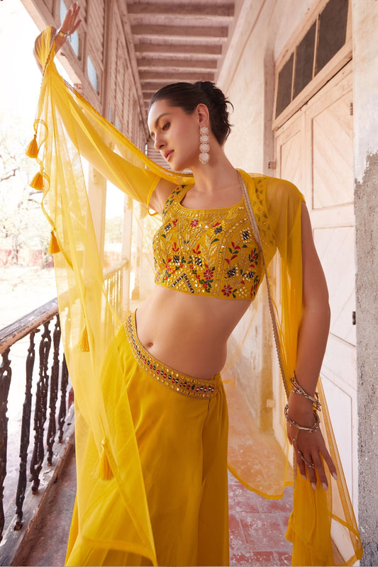 Yellow Georgette Plazzo Choli - Thread Embroidery Work, Hand Embellishment, Mirror Work