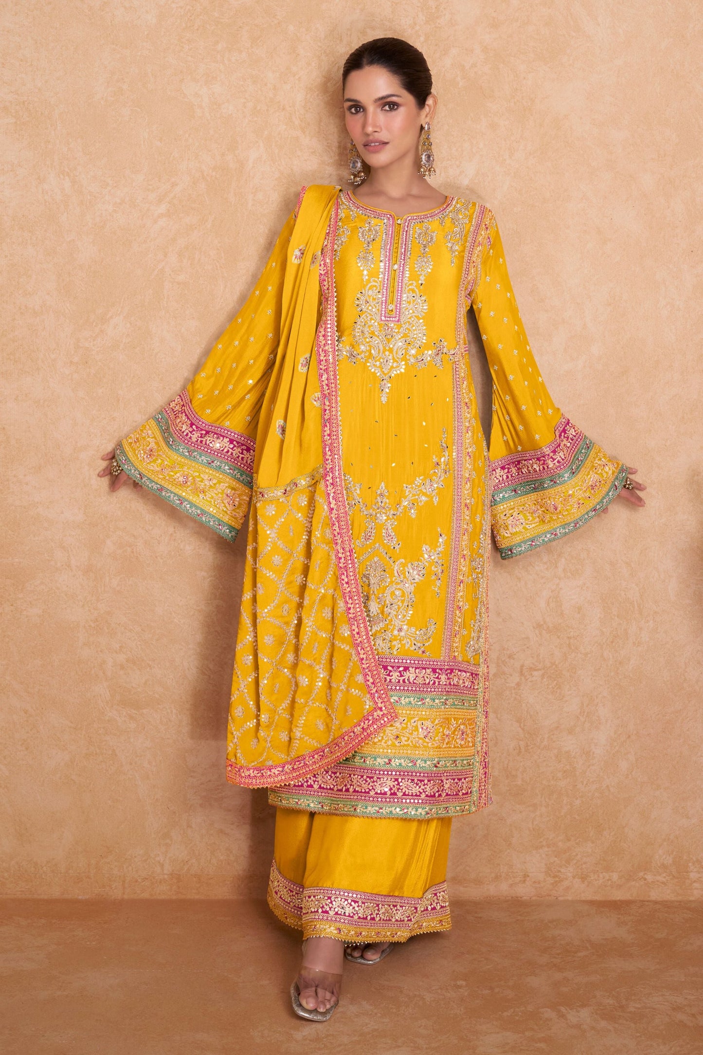 Yellow Chinon Palazzo Suit