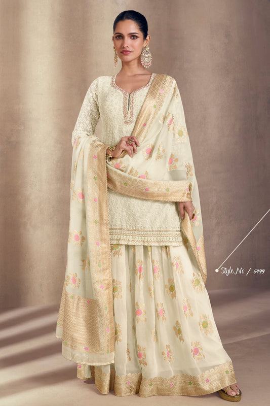Off White Jacquard Silk Plazzo Kameez