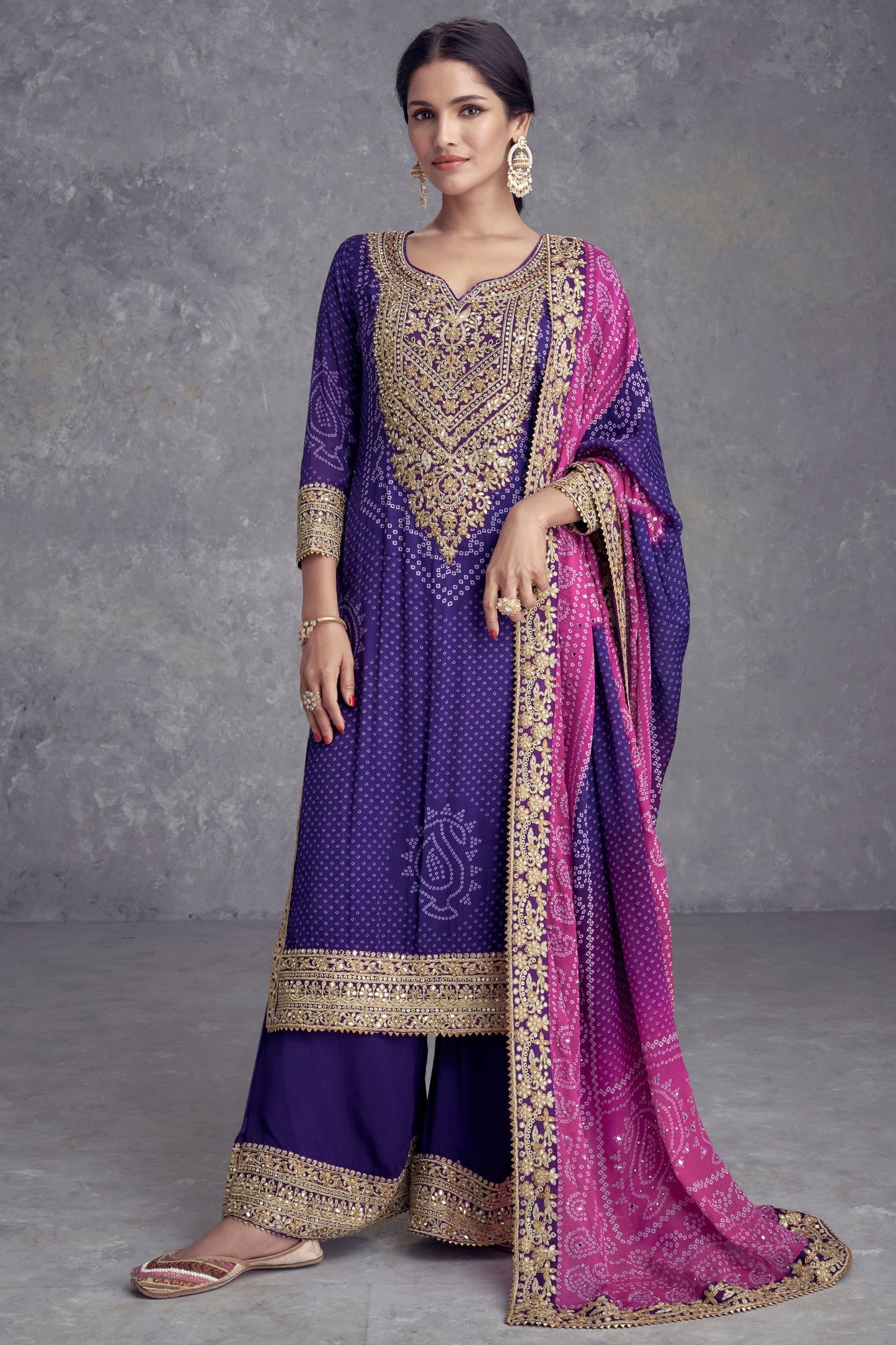 Blue Chinon Palazzo Suit - Embroidery Work, Mirror Work, Print Work