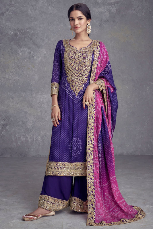 Blue Chinon Palazzo Suit - Embroidery Work, Mirror Work, Print Work