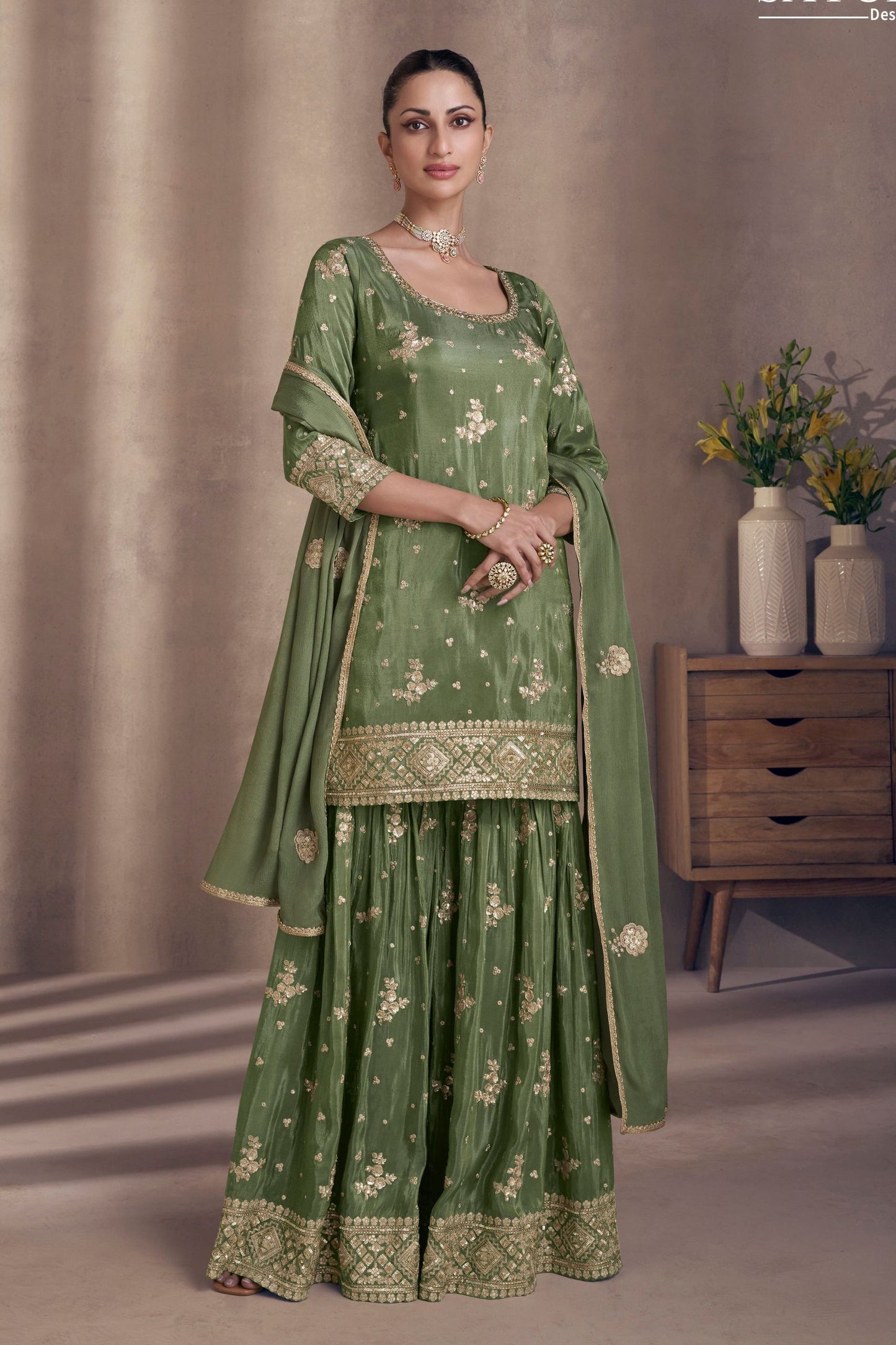 Green Chinon Silk  Sharara Suit
