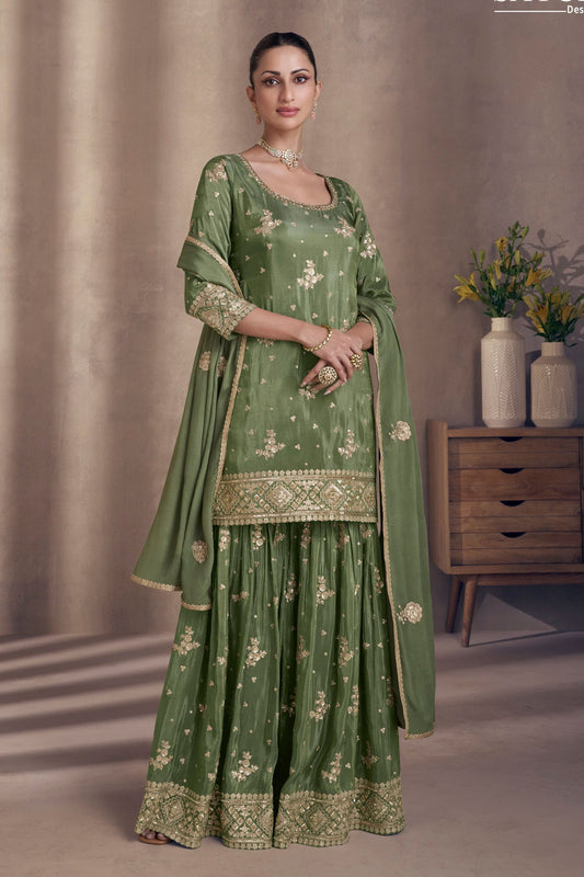 Green Chinon Silk  Sharara Suit