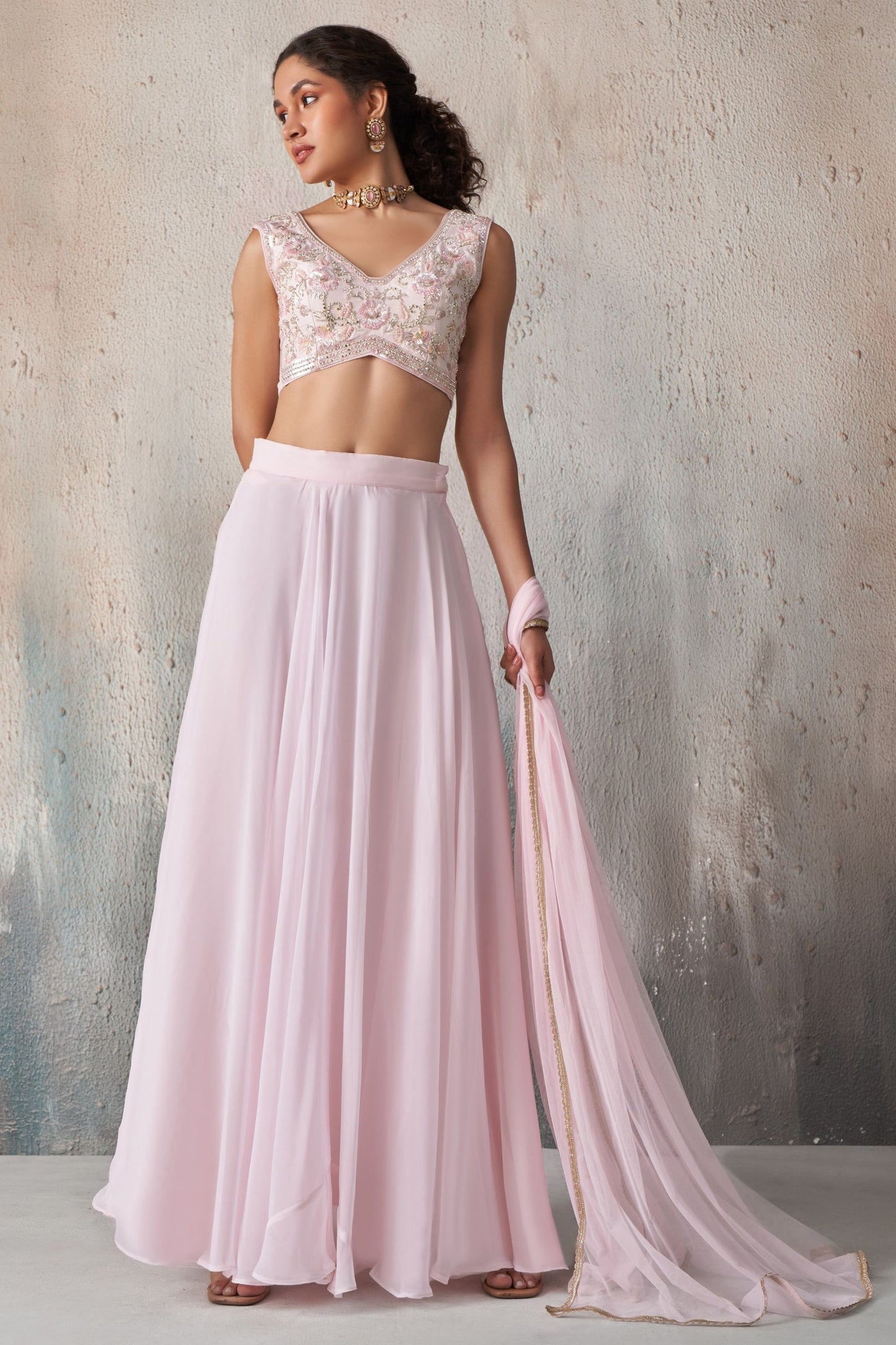 Light Pink Georgette Sleeveless Lehenga - Khatli Work, Sequence Embroidery Work, Resham Work, Cut Dana Work, Moti Work