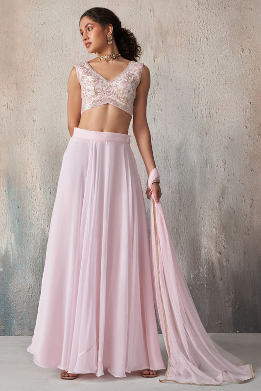 Light Pink Georgette Sleeveless Lehenga - Khatli Work, Sequence Embroidery Work, Resham Work, Cut Dana Work, Moti Work