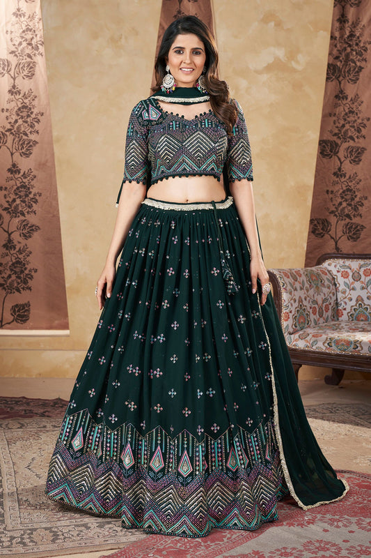 Green Georgette Lehenga Choli - Thread Embroidery Work, Foil Mirror Work