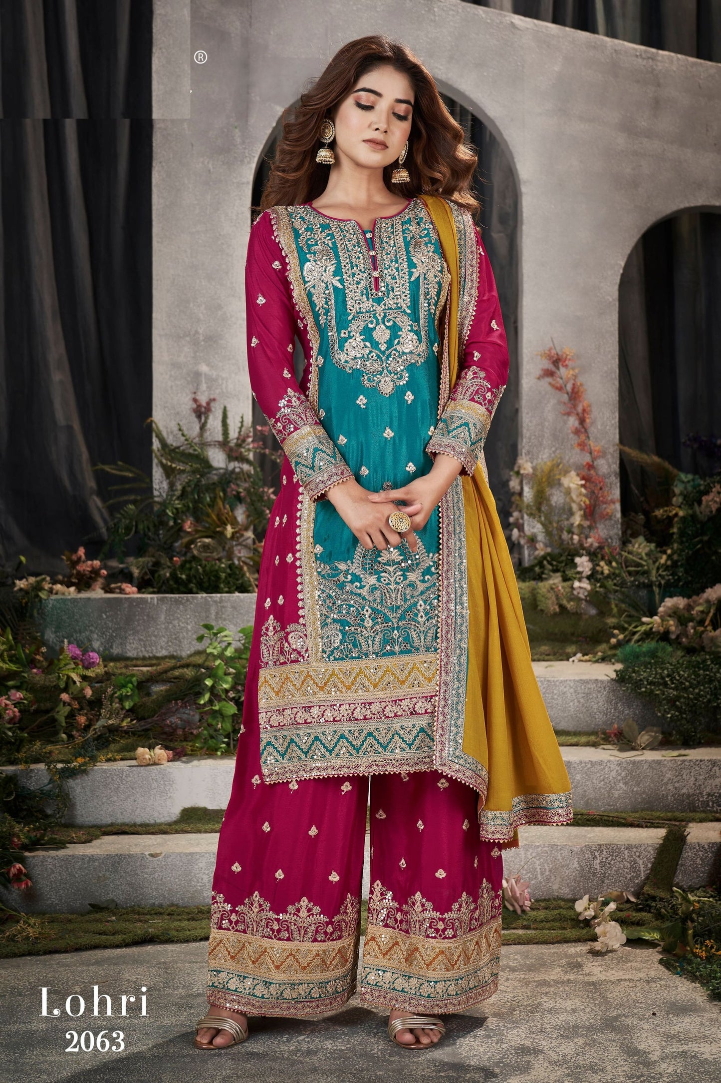 Turquoise Chinon Silk Plazzo Suit - Sequence Embroidery Work, Mirror Work