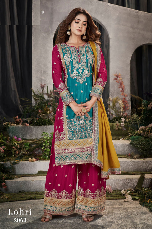Turquoise Chinon Silk Plazzo Suit - Sequence Embroidery Work, Mirror Work