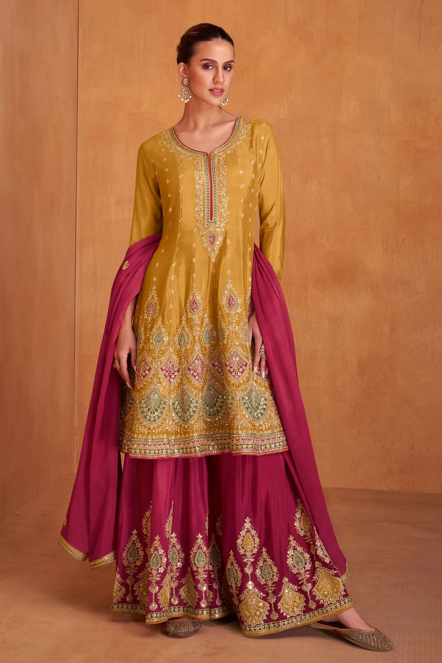 Mustard Chinon Silk Palazzo Suit