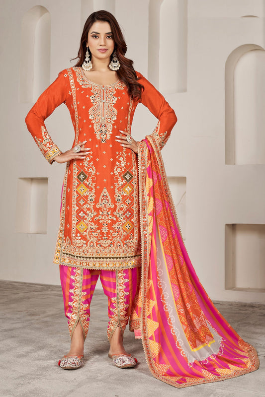 Orange Chinon Silk Salwar suit
