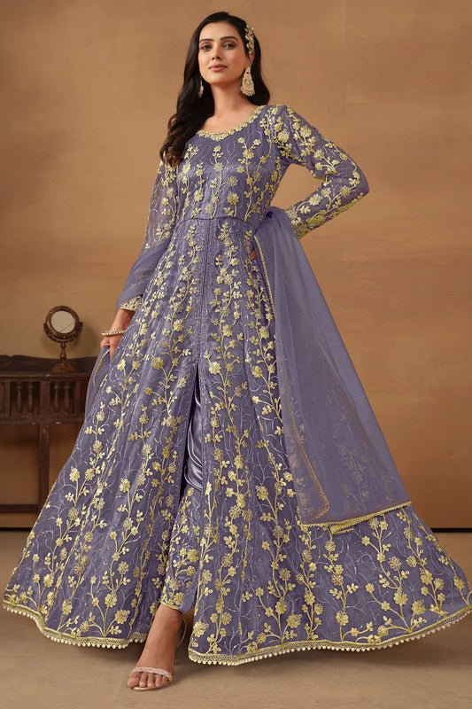 Purple Net Full Length Anarkali Suit with Front Slit