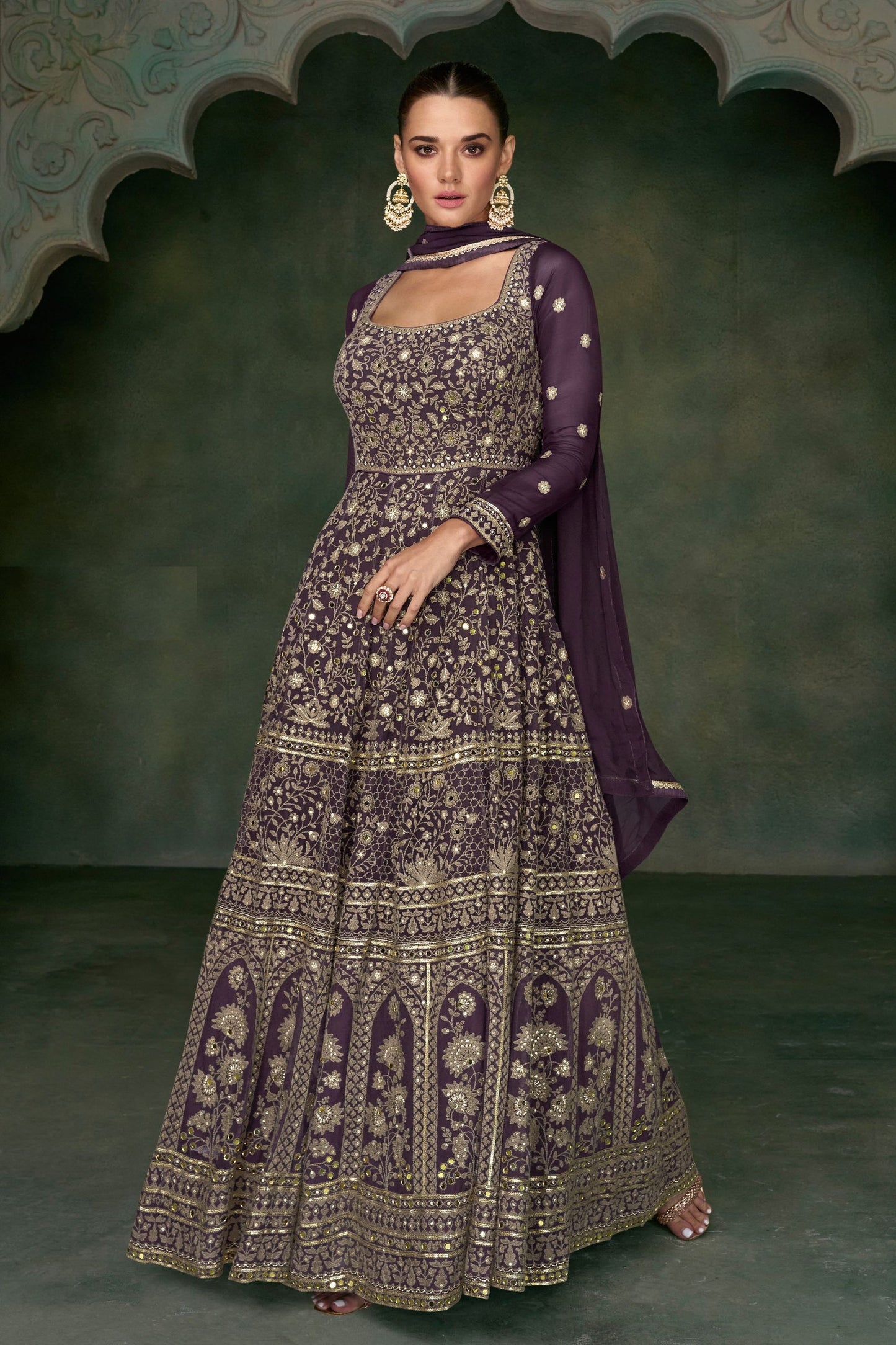 Purple Georgette Floor Full Length Embroidered Anarkali Suit