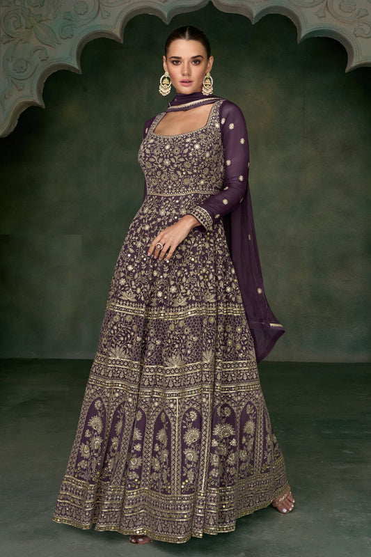 Purple Georgette Floor Full Length Embroidered Anarkali Suit