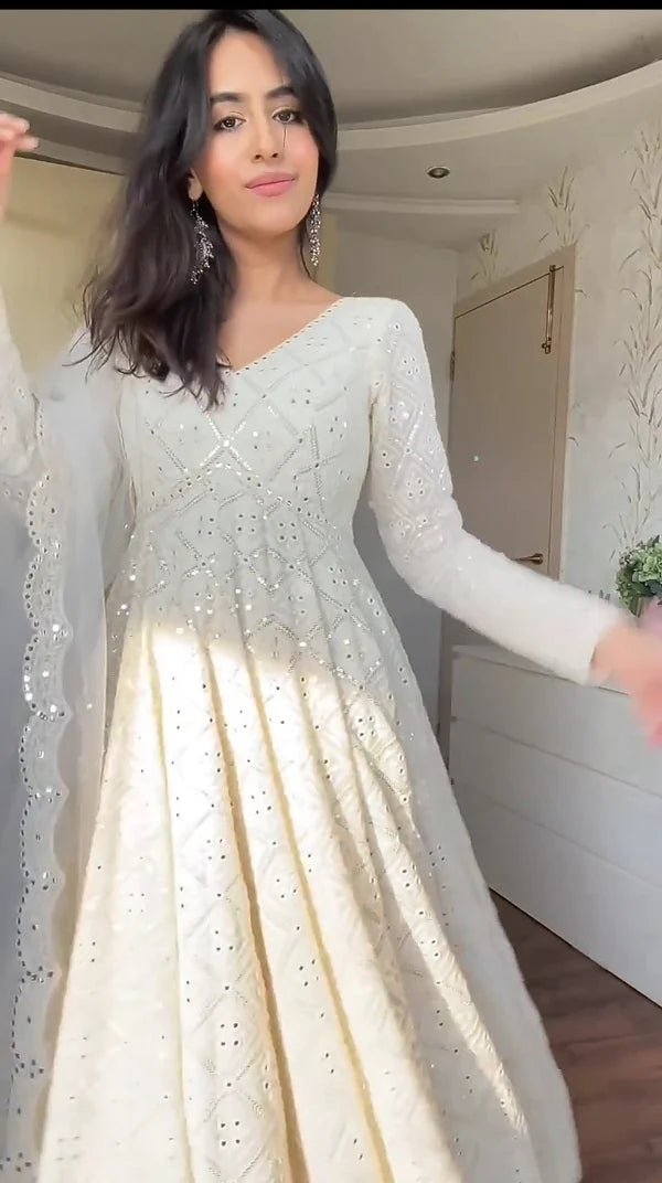 Cream Anarkali georgette suit set with sequin work
