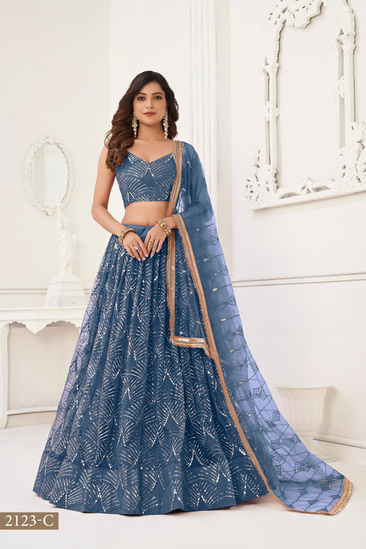 Steel Blue Net Embroidered Lehenga