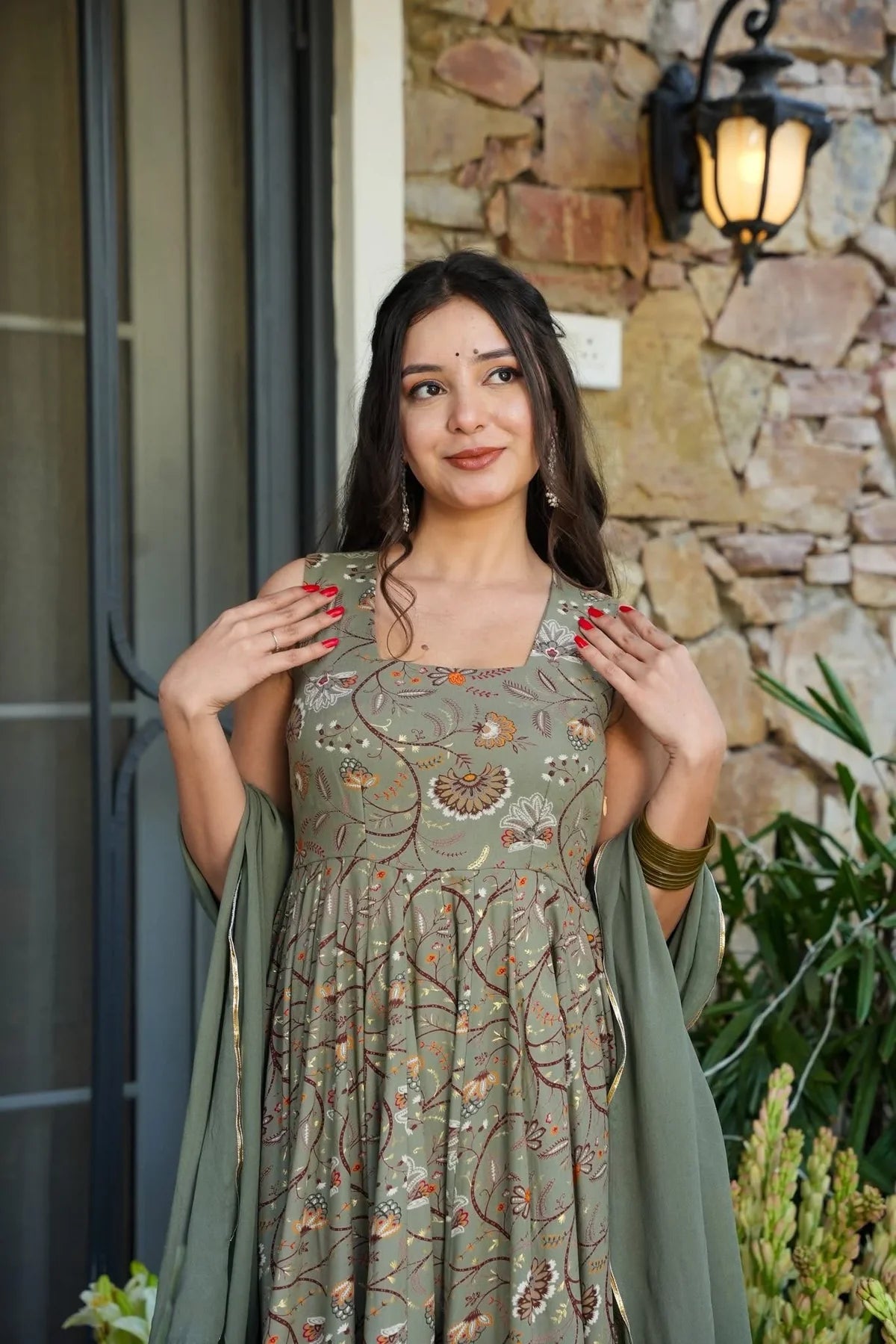 BISHARA SAGE RAYON ANARKALI SUIT SET