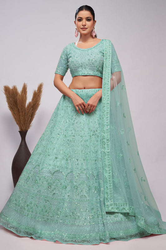 Seafoam Green Net Lehenga Choli - Sequence Embroidery Work, Bead Work