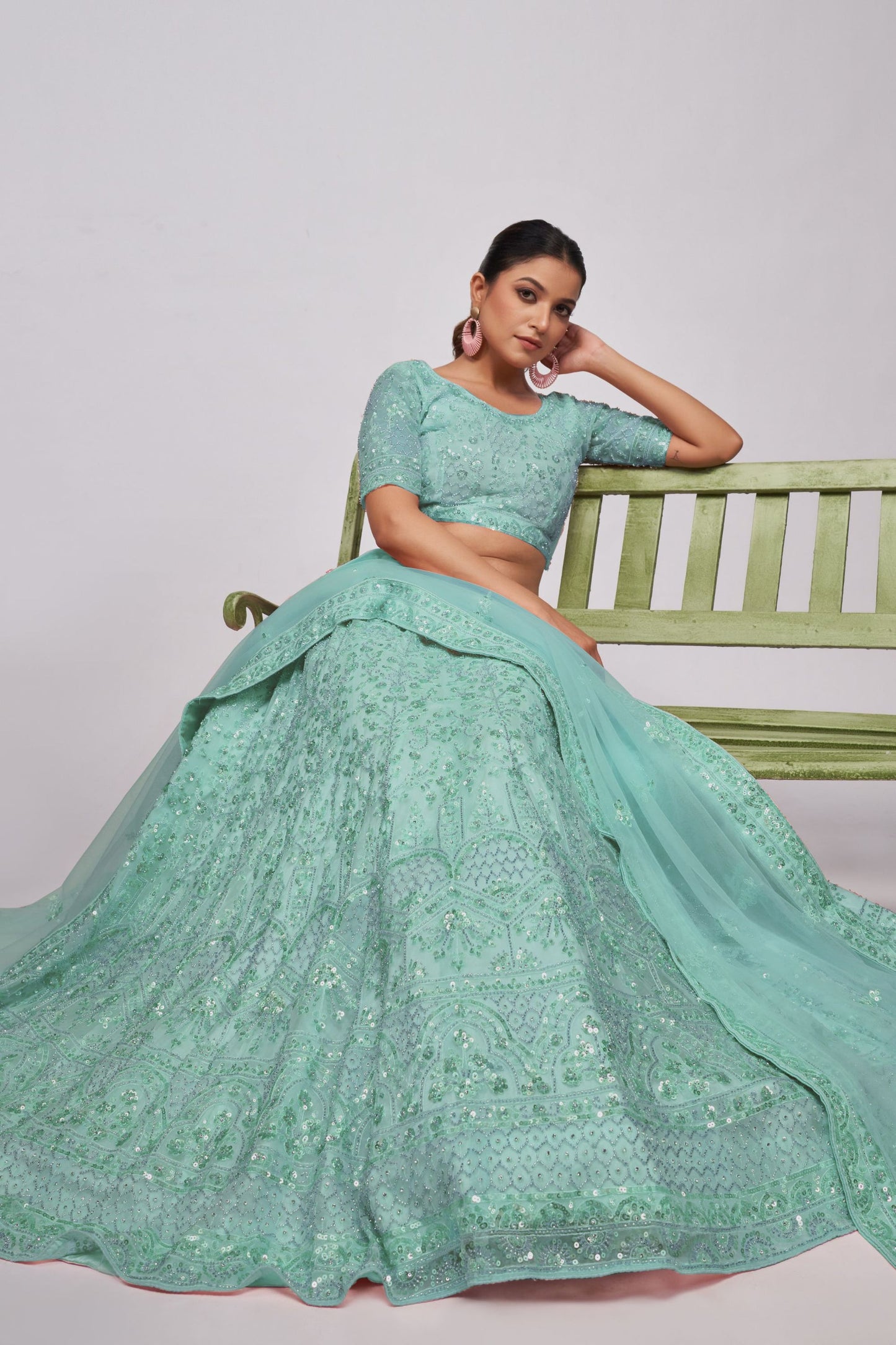 Seafoam Green Net Lehenga Choli - Sequence Embroidery Work, Bead Work
