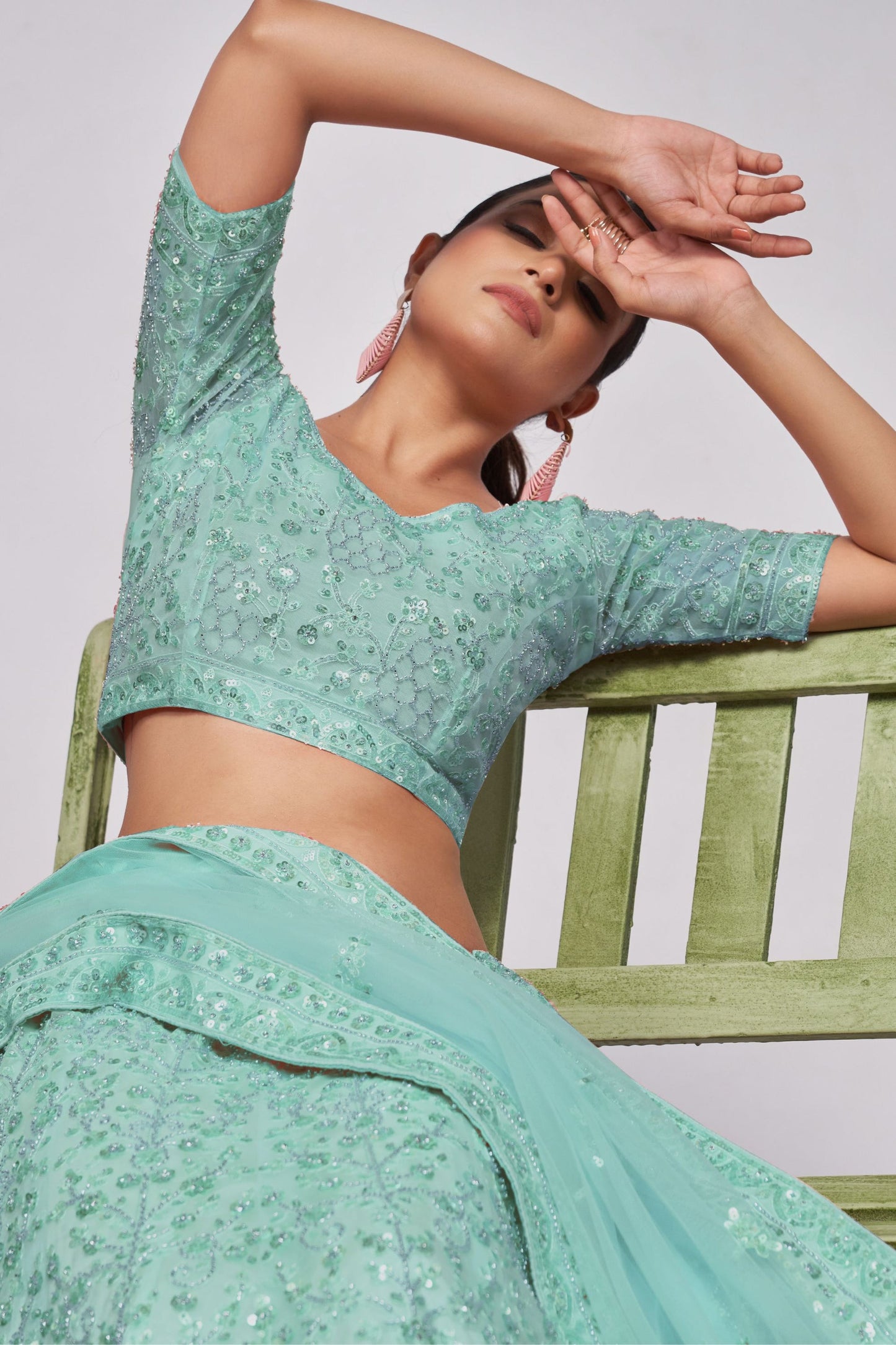 Seafoam Green Net Lehenga Choli - Sequence Embroidery Work, Bead Work