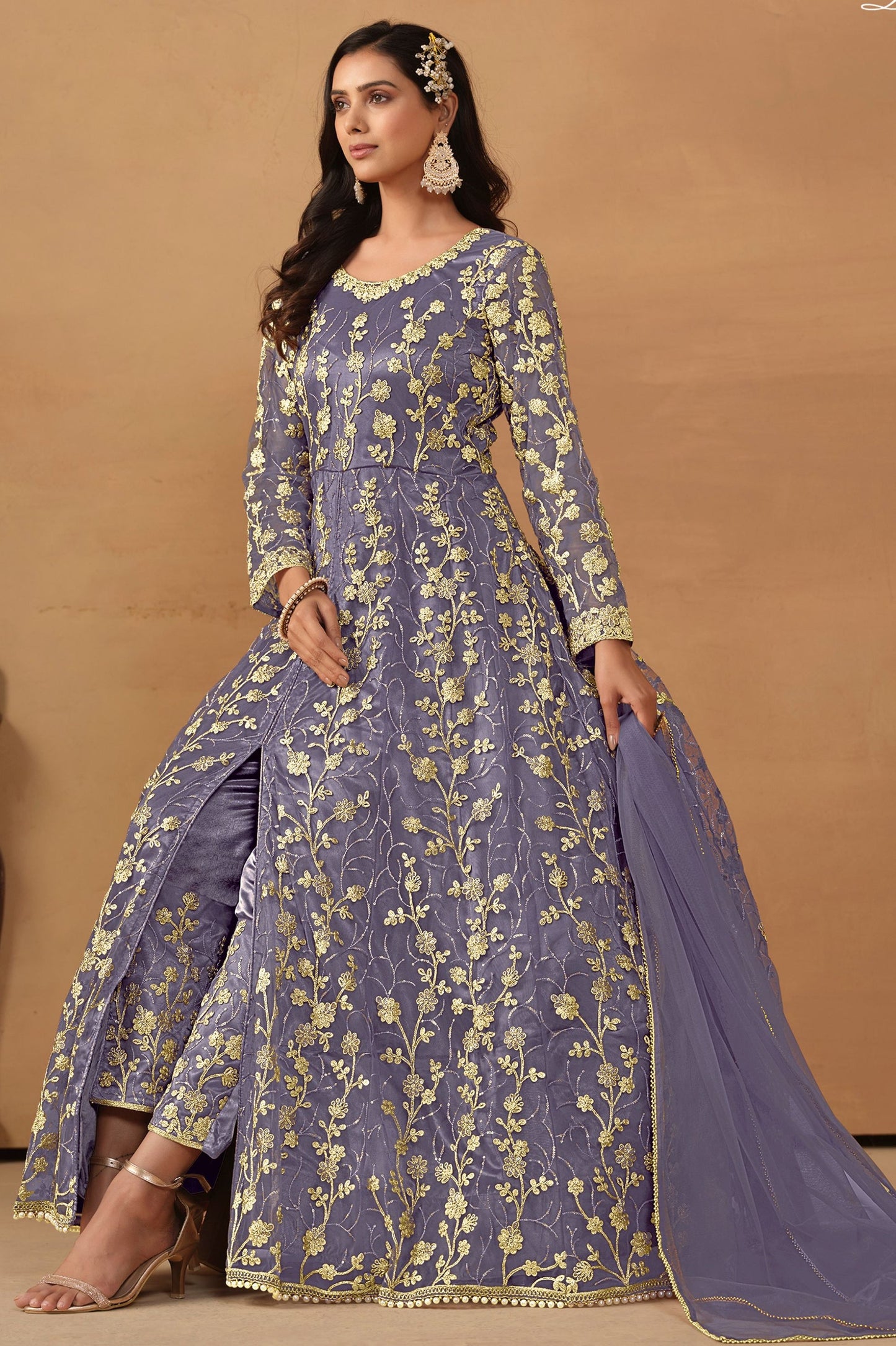 Purple Net Full Length Anarkali Suit with Front Slit