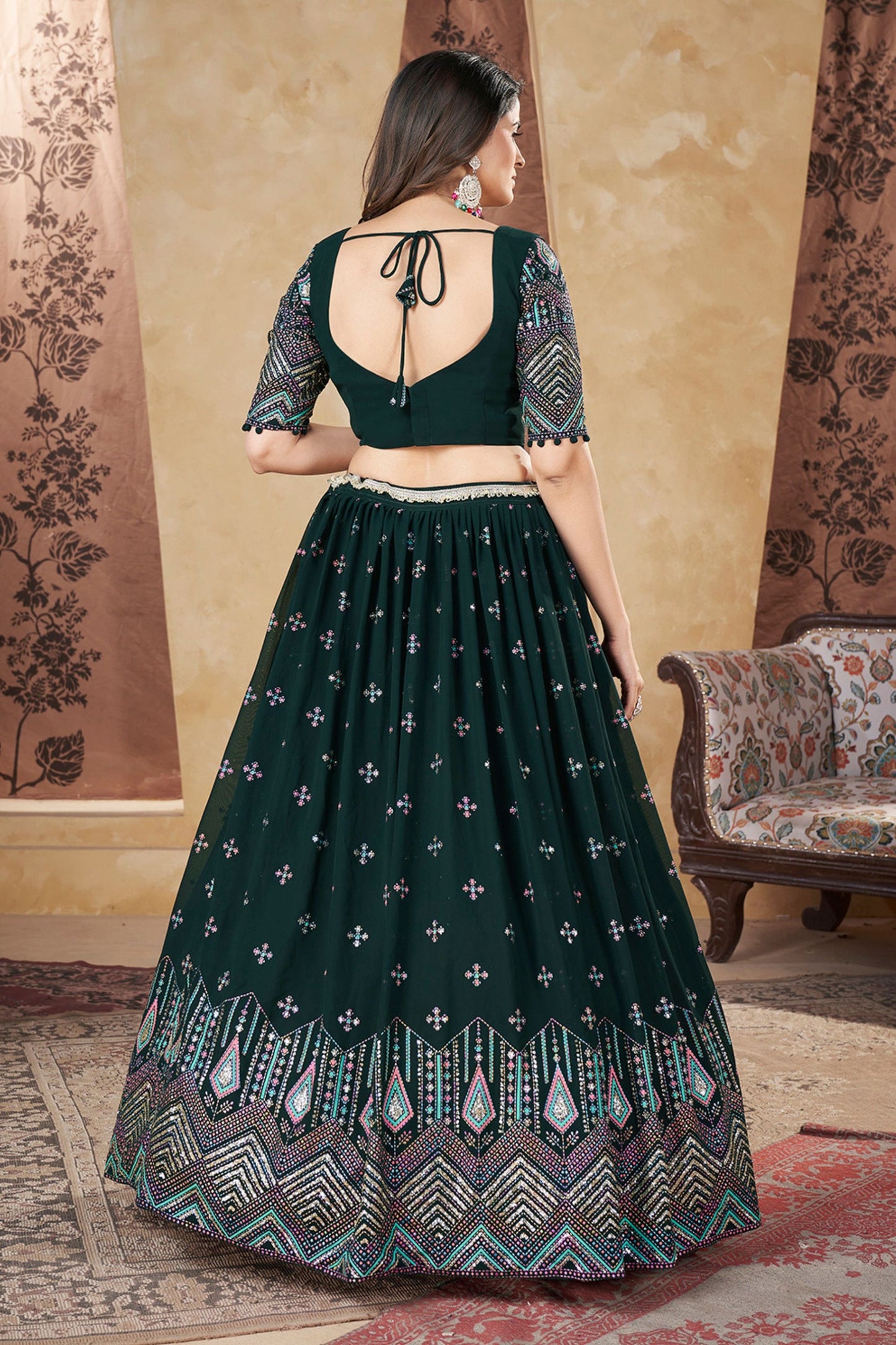Green Georgette Lehenga Choli - Thread Embroidery Work, Foil Mirror Work