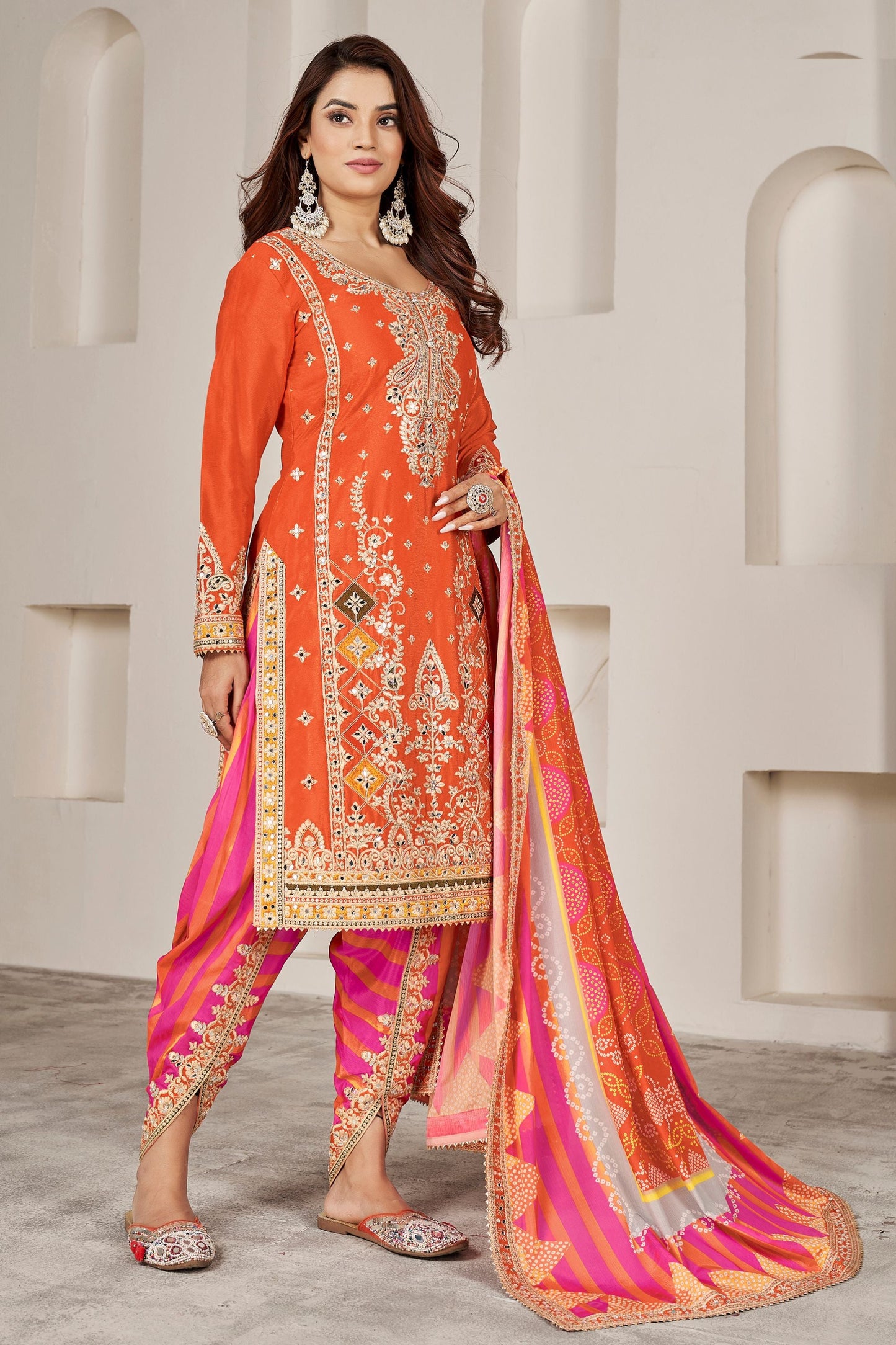 Orange Chinon Silk Salwar suit