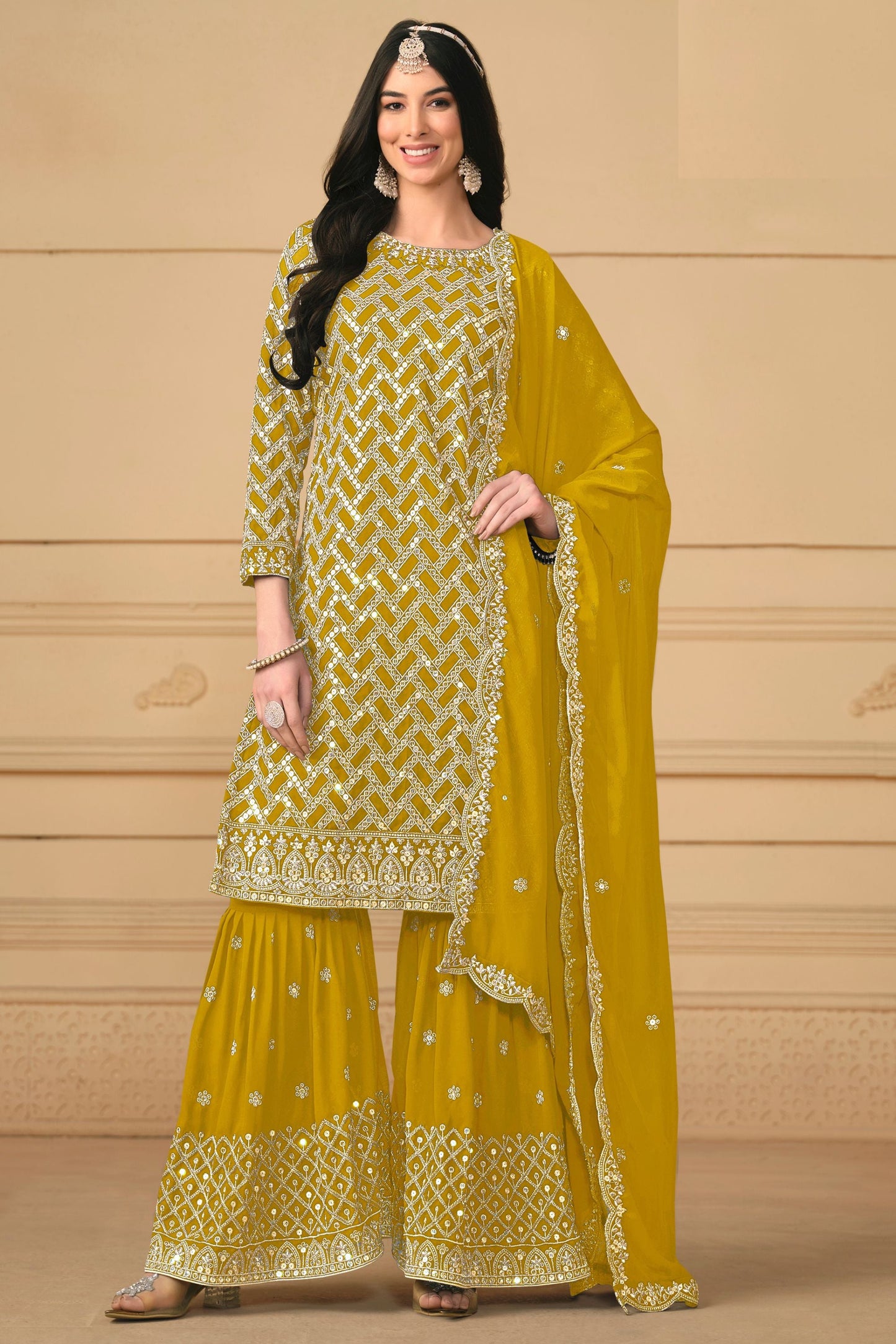 Golden Georgette Sharara Suit
